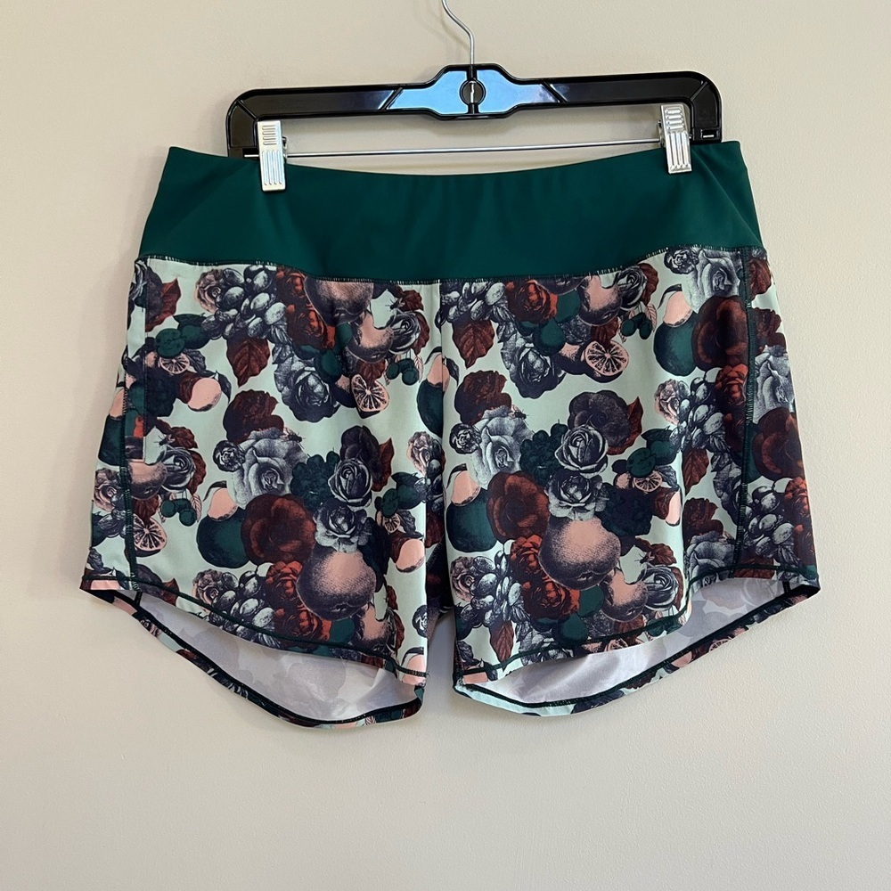 Oiselle Special Edition Long Roga Botanical 6" Running Shorts, Teal Green, 10 - Picture 2 of 11